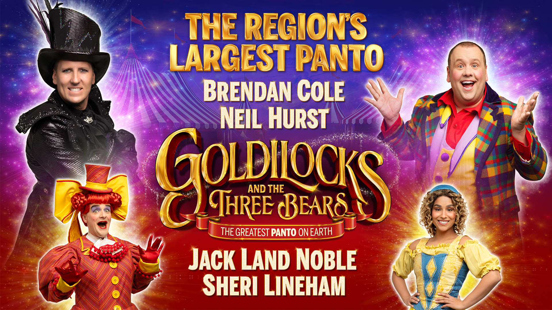 The words Goldilocks and the three bears in the centre in gold against a blue background with red and white tents behind