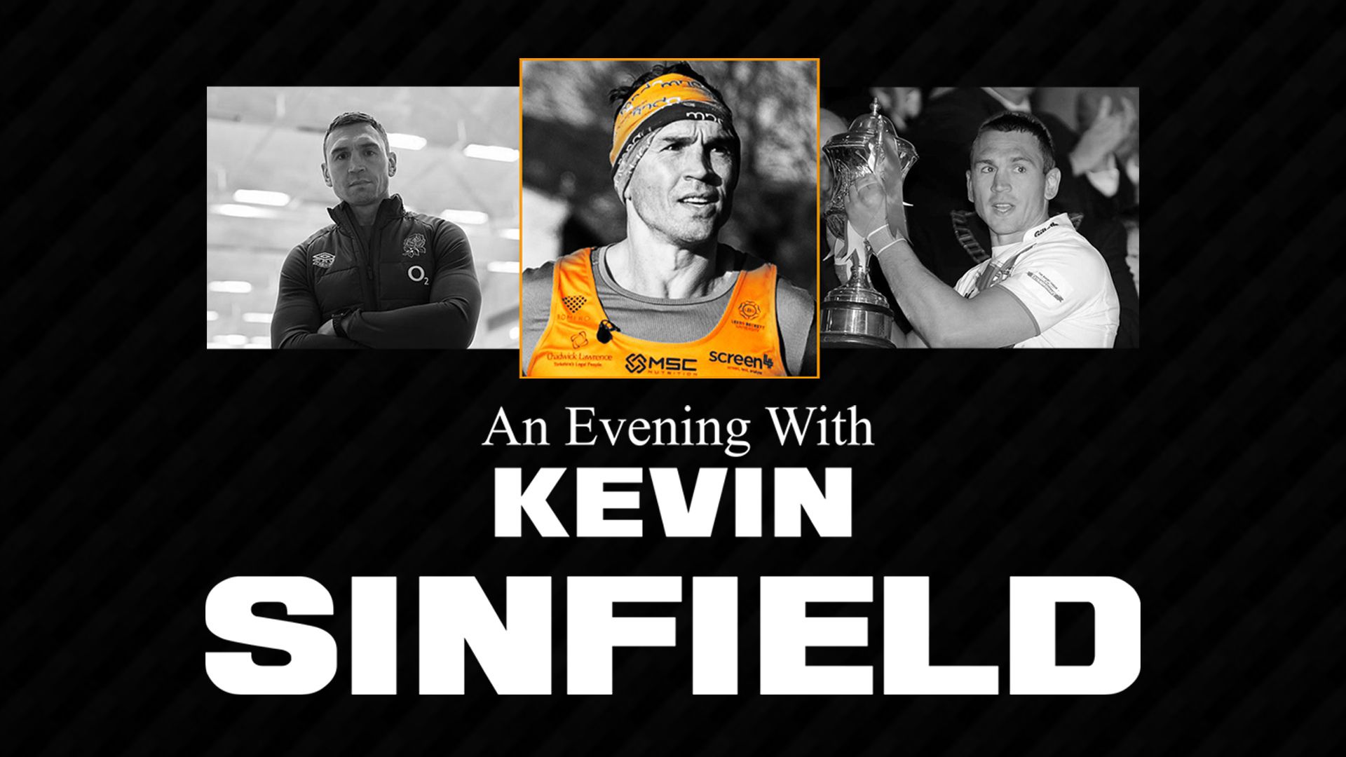 Three pictures of Kevin Sinfield in a tracksuit, running kit and lifting the Challenge Cup 